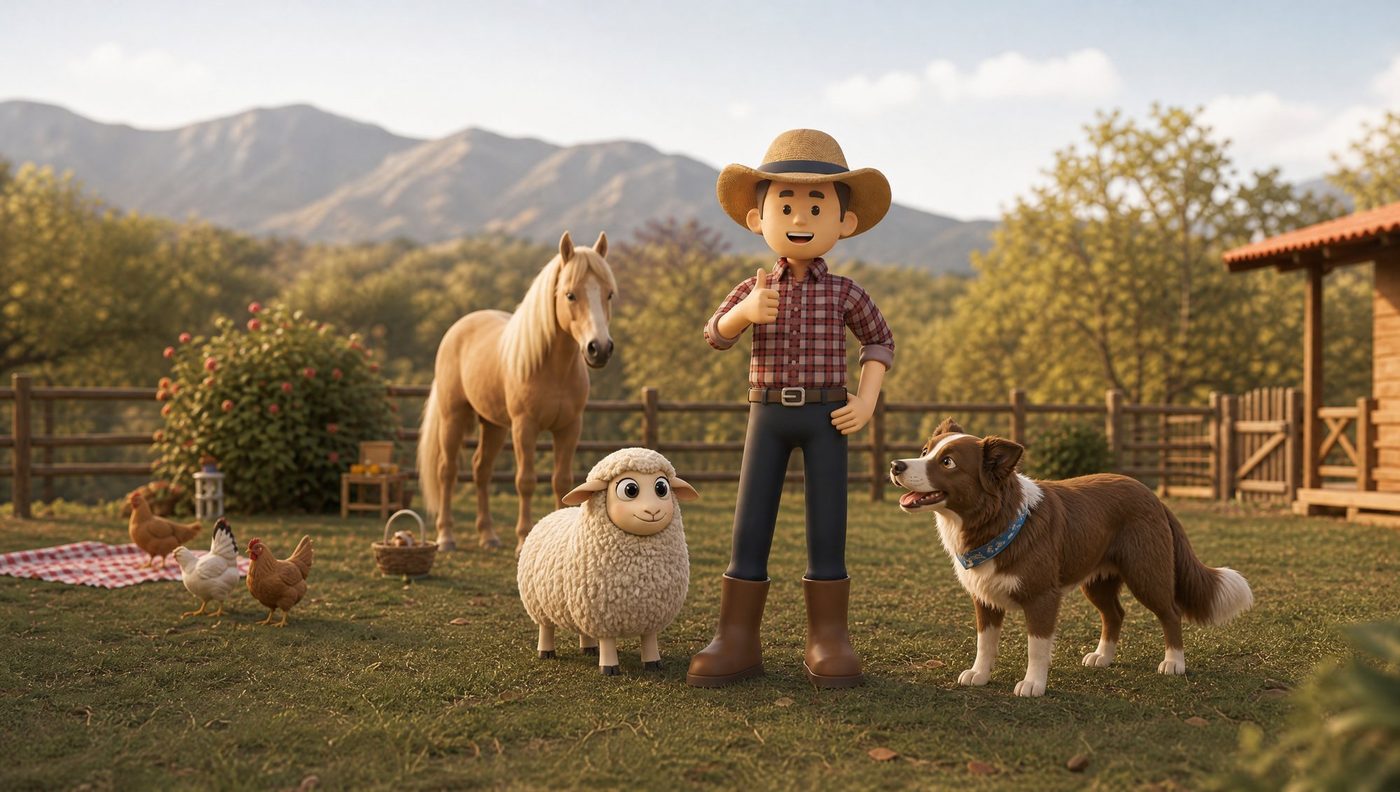 Brunão, o peão da Fazê, com o cavalo, a ovelha e o cachorro