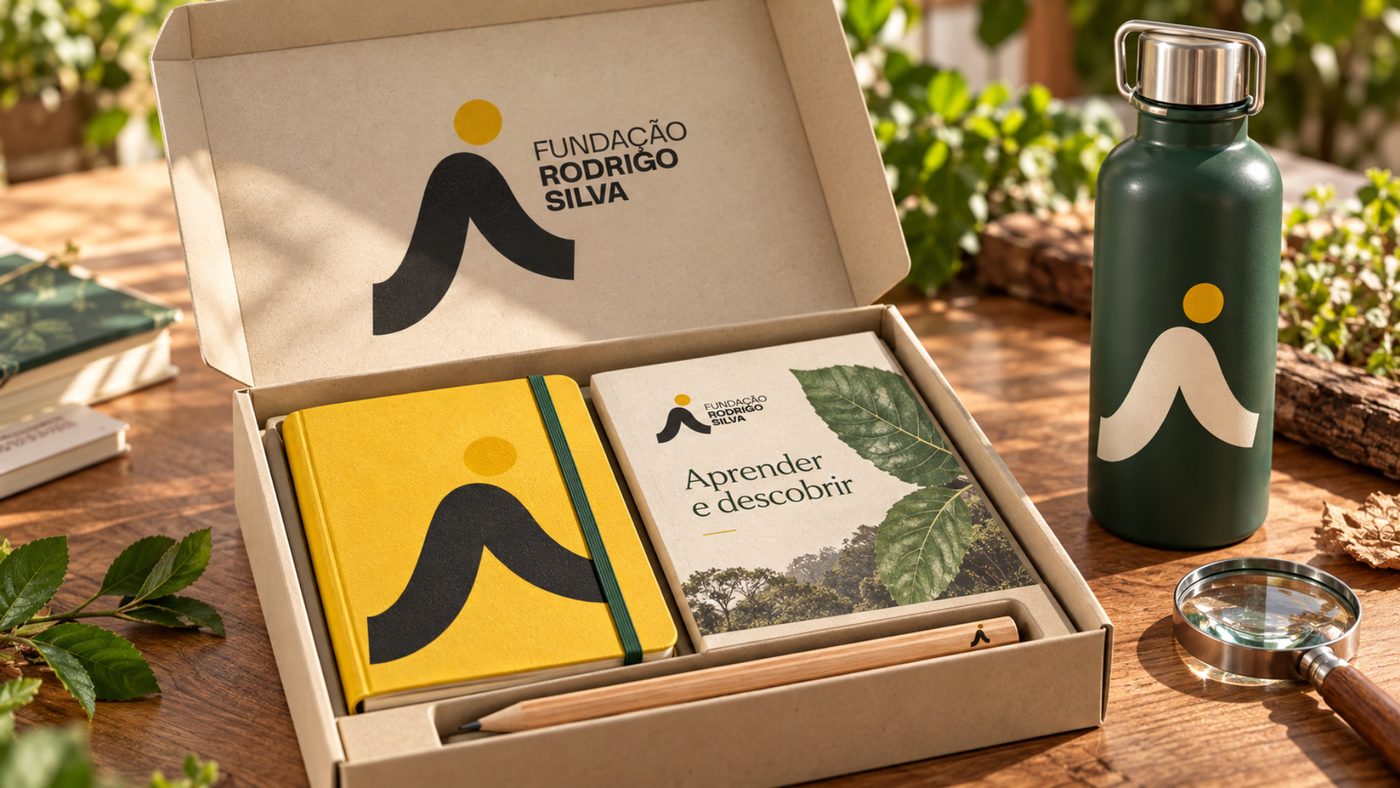 Kit educativo da Fundação Rodrigo Silva, com cadernos, garrafa e lupa sobre uma mesa de madeira