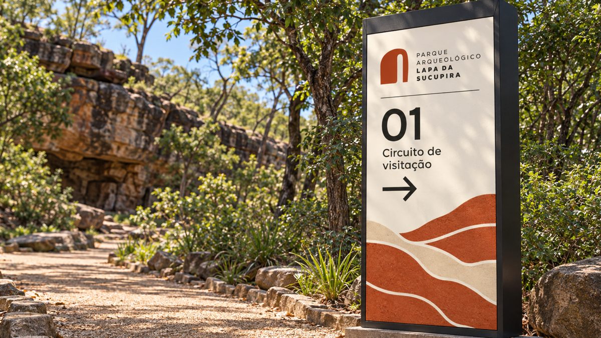 Totem do circuito de visitação, na trilha entre a vegetação e o paredão de pedra